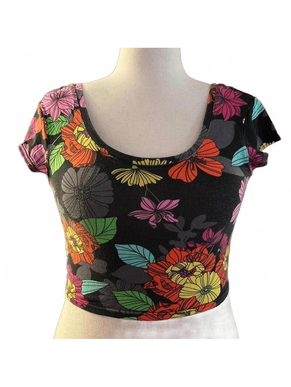 Vintage Y2K Black Floral Crop Top Multicolor Cottagecore Boho Size L